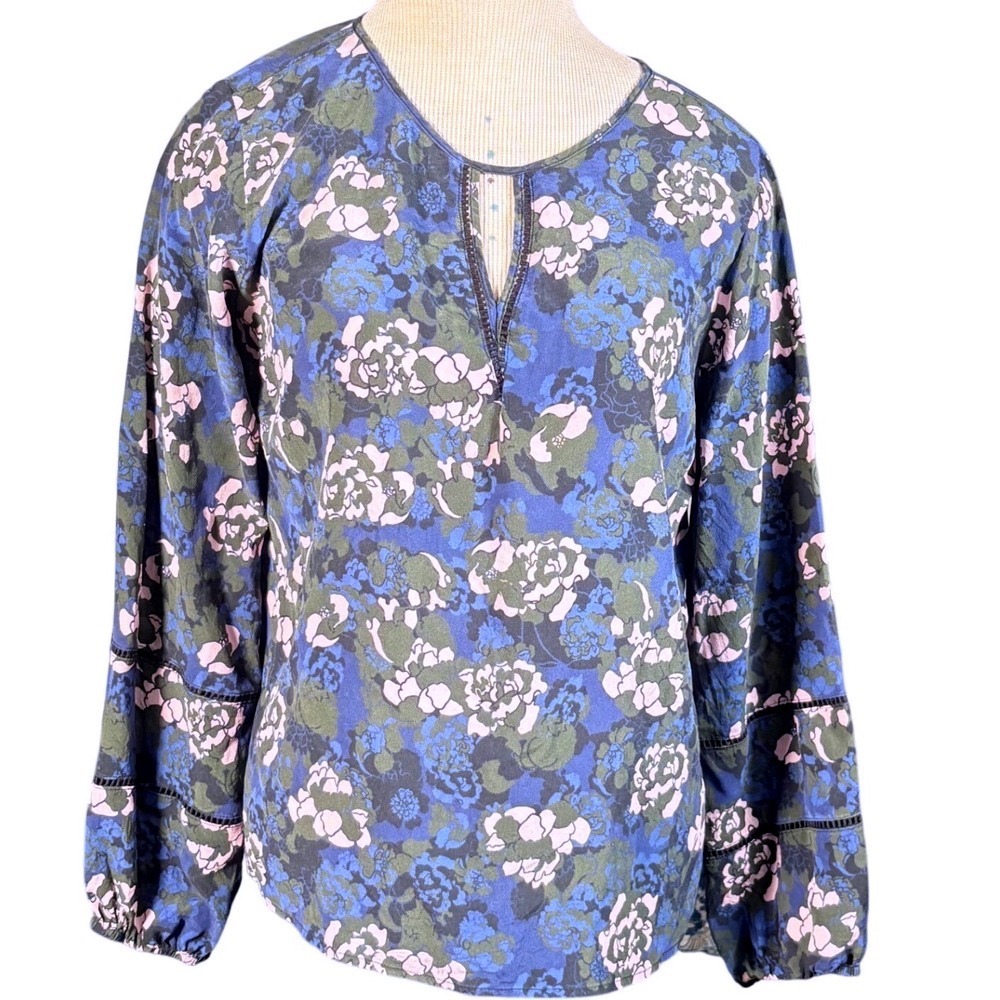 Greylyn 100% Silk‎ Floral Blouse M Blue Green Pink Boho Ladder Trim Top